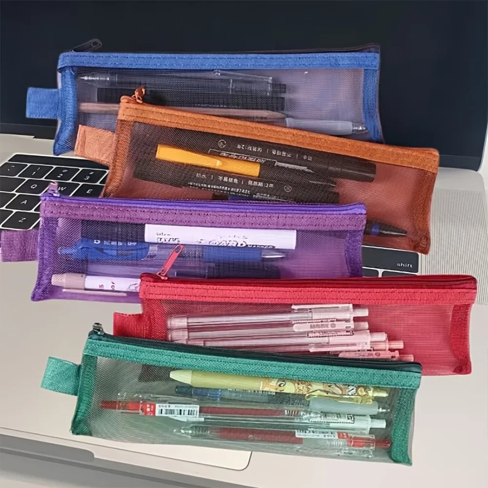 2pcs random color Makeup Bag Nylon Mesh , Transparent Cosmetic Pouch for Brushes Lipstick, Multifunctional Pencil Case