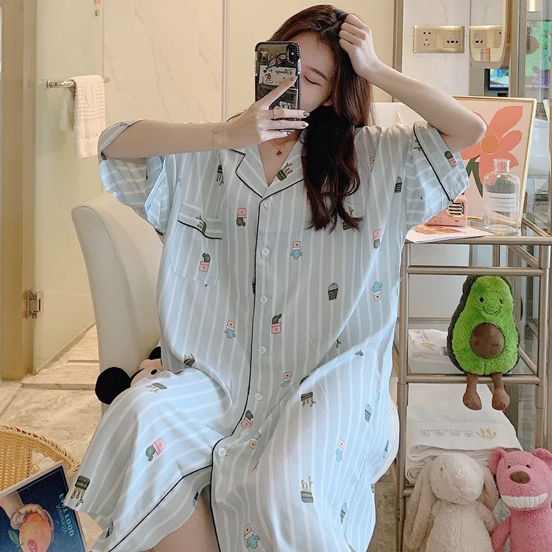 Plus Size Sleeping Dress Cotton Floral Printing Night Gown Three Quarter Sleeves Sleepshirt Loose Nightwear Summer Home Clothing