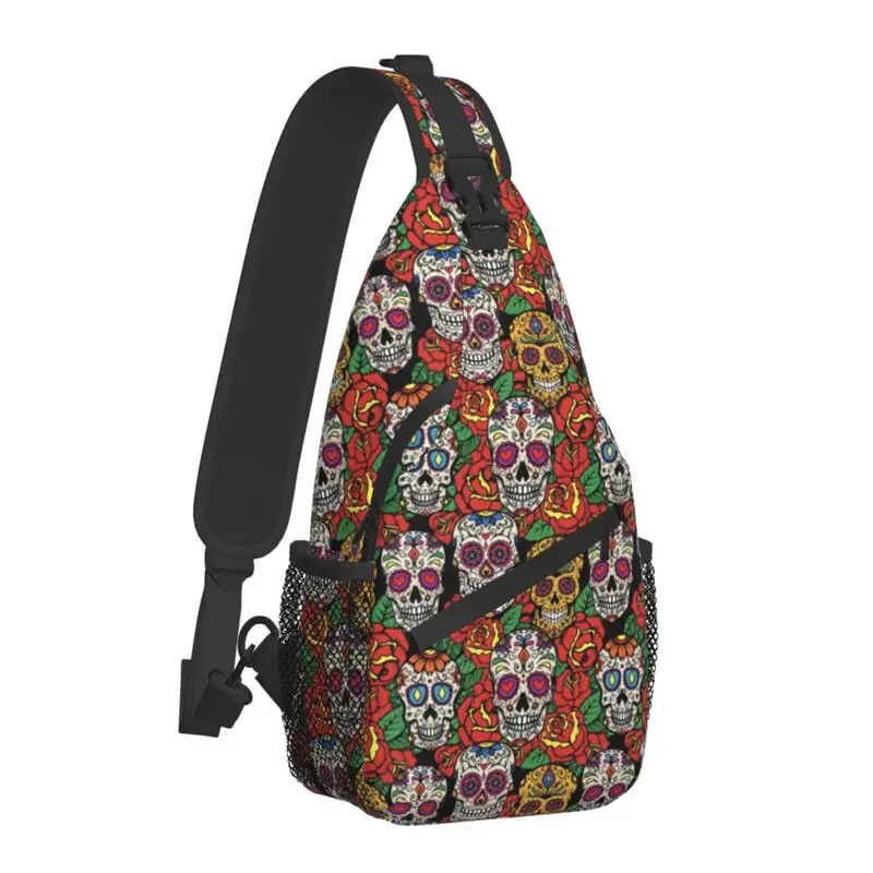 Fashion Flowers Sugar Skull Pattern Sling Crossbody Backpack Men Day Of The Dead Shoulder Chest Bags for Camping Biking