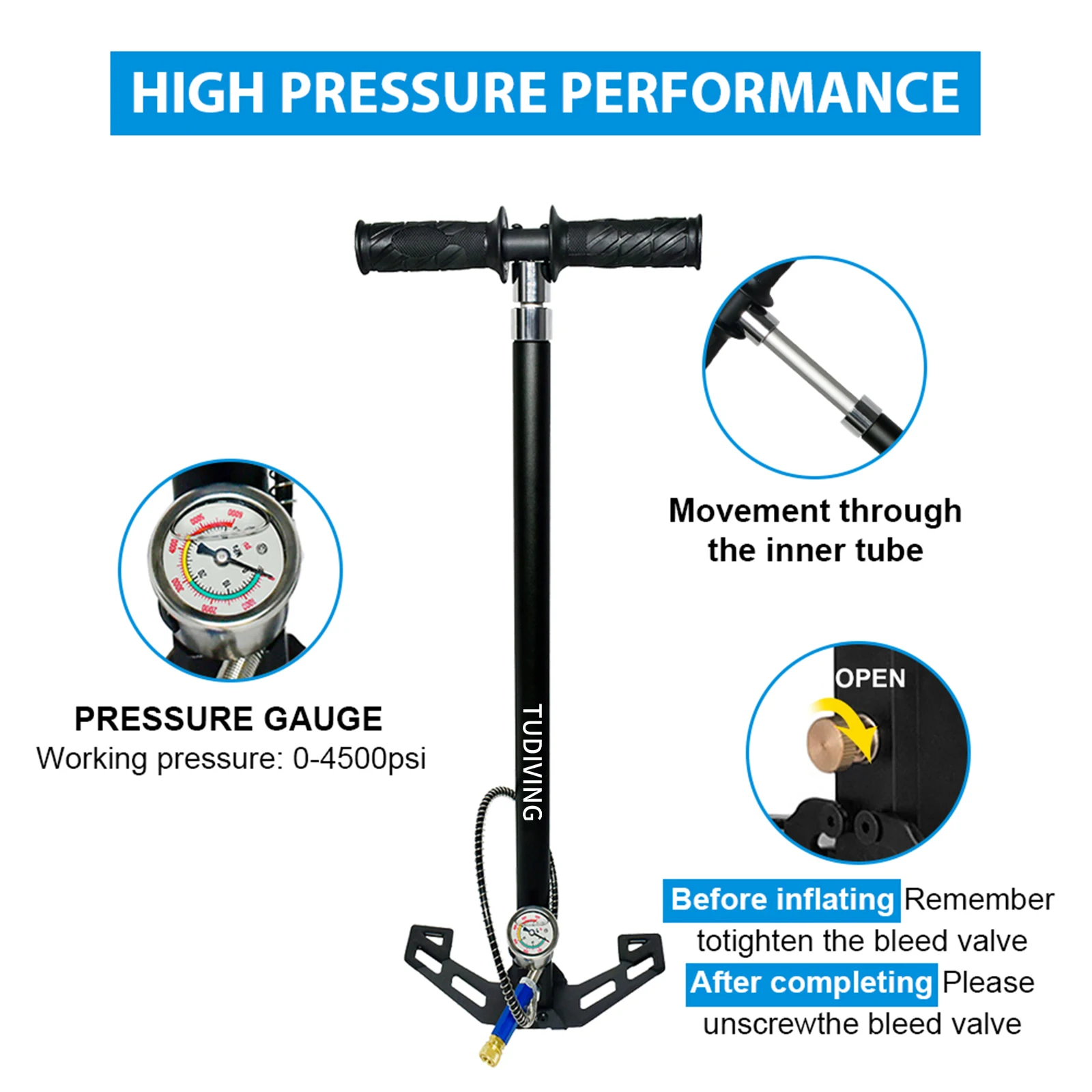 TUDIVING-4500Psi High Pressure Hand Pump,PCP Air Pump,Stainless Steel 4 Stages pcp Hand Pump for Filling Diving Tank/Air Rifles