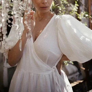 Frauen Vintage Crepe Blick Ärmelkleid, elegantes weißes Maxikleid, langer Verband mit Spitze, 100% kausale Baumwolle 8 Hauptverkaufskleid Long Crepe - №4