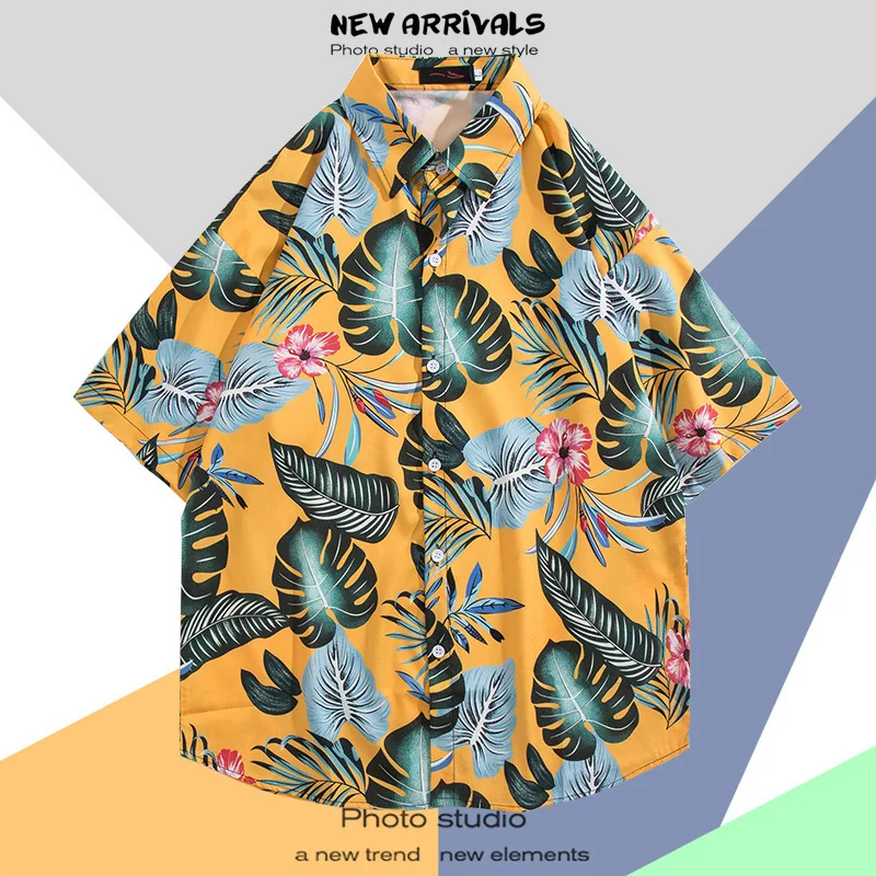 Thai style seaside flower shirt men short sleeve ins plankton handsome summer Hong Kong style retro Hawaiian beach shirt cool