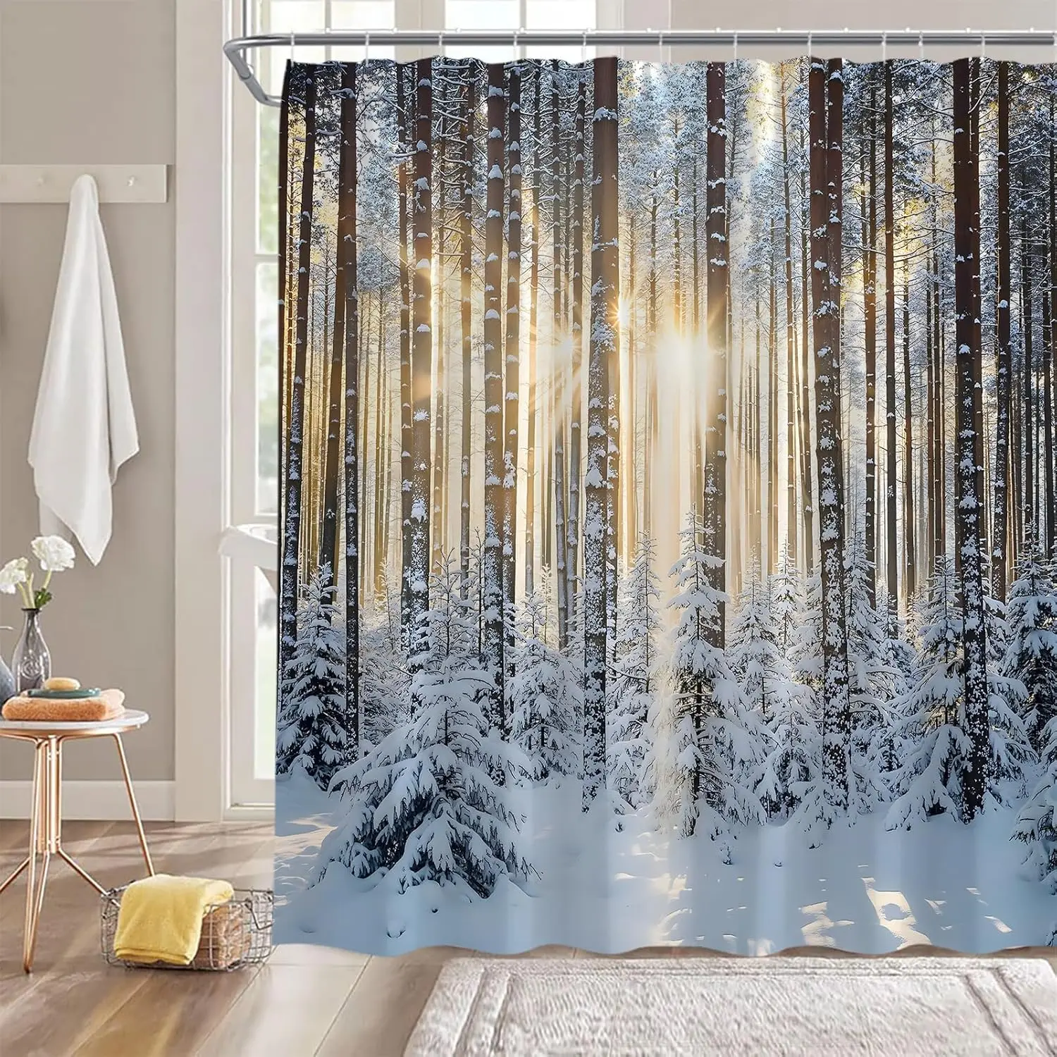 

Winter Landscape Shower Curtain Nature Forest Pine Tree Snowflake Sunshine Rustic Scenery Bathroom Decor Fabric Curtain with