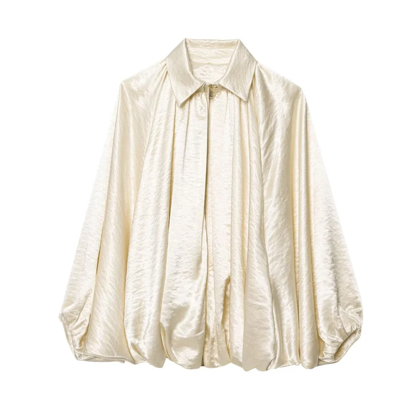 Dames Bomberjack Lange mouw Plooien Street Wear Met Rits Groen Beige Vintage Oversize Zip Up Casual Zomerjas Dames