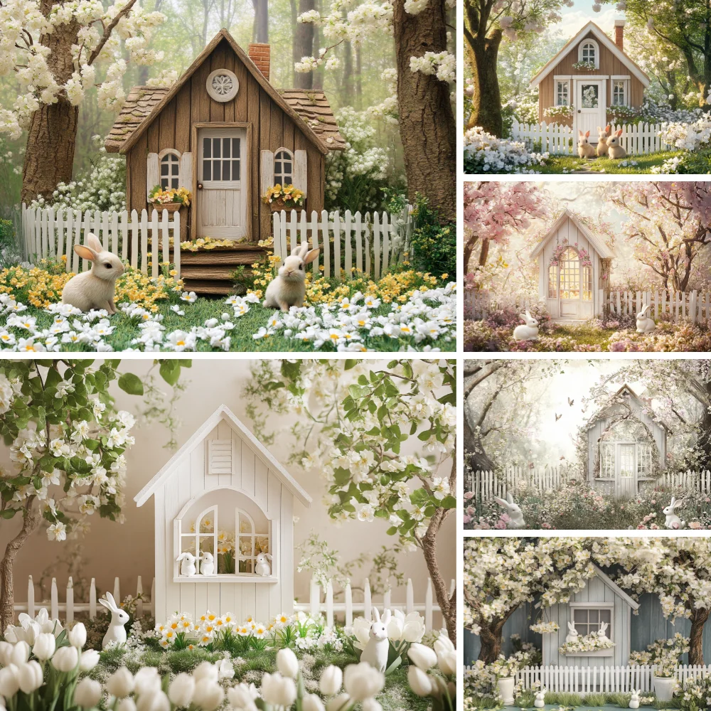 

Spring Easter Backdrop Photography Wooden House Flower Fence Decor Props Kids Adult Art Portrait Photo Background Studio