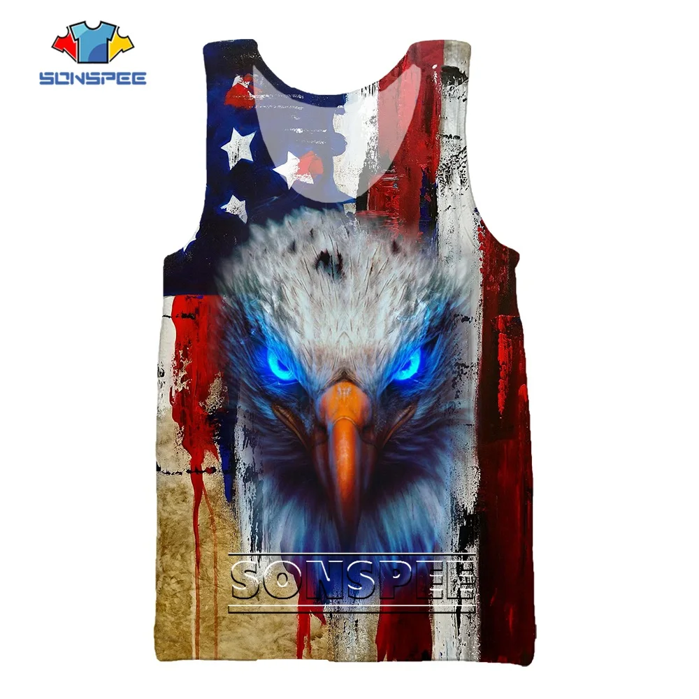 SONSPEE Ferocious Style Bald Eagle 3D Print Sleeveless America Flag Beach Vest Men Women Oversize Hip-hop Personality Tank Tops