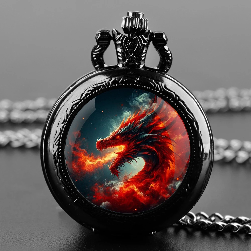 Fire Dragon Unique Creative Quartz Pocket Watches Necklace Accessory Chain Clock Kids Souvenir Best Gifts For Children Men