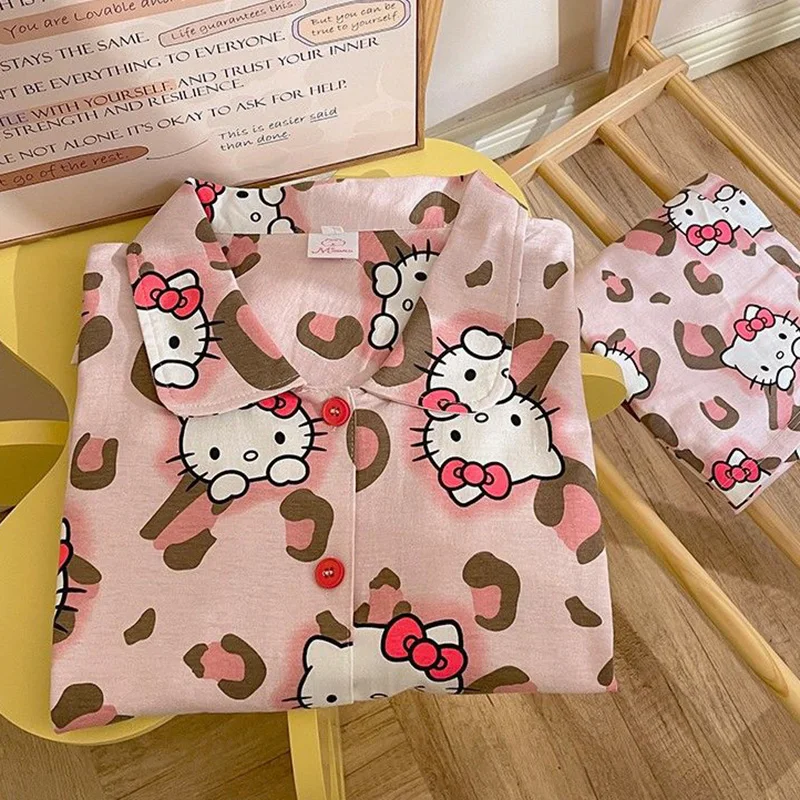 Cute Sanrio Hello Kittys Pajamas Kawaii Anime Cotton Pink Leopard Printed Home Long Sleeved Cartoon Pajama Set Toys Girl Gifts