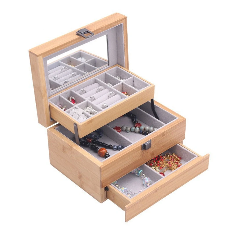 

Деревянная шкатулка для драгоценностей, ретро зеркальные коробки для хранения колец, минималистичные ожерелья, витрина для сережек, пылезащитная витрина для ювелирных изделий, подарок