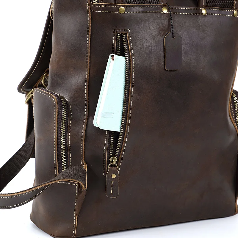 YL-18S--007 Mochila informal Retro de piel de vaca de gran capacidad para hombre, bolso de ordenador de cuero juvenil multifuncional de gran capacidad