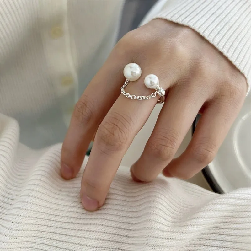 PANJBJ 925 Sterling Silver Pearl Geometry Ring For Women Chain Open Fashion Sweet Tassel Jewelry Party Gift Dropshipping
