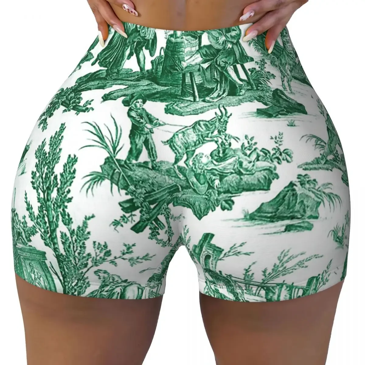 Custom Vintage French Toile De Jouy Motif Women Gym Workout Running Shorts Athletic Volleyball Biker Yoga Shorts