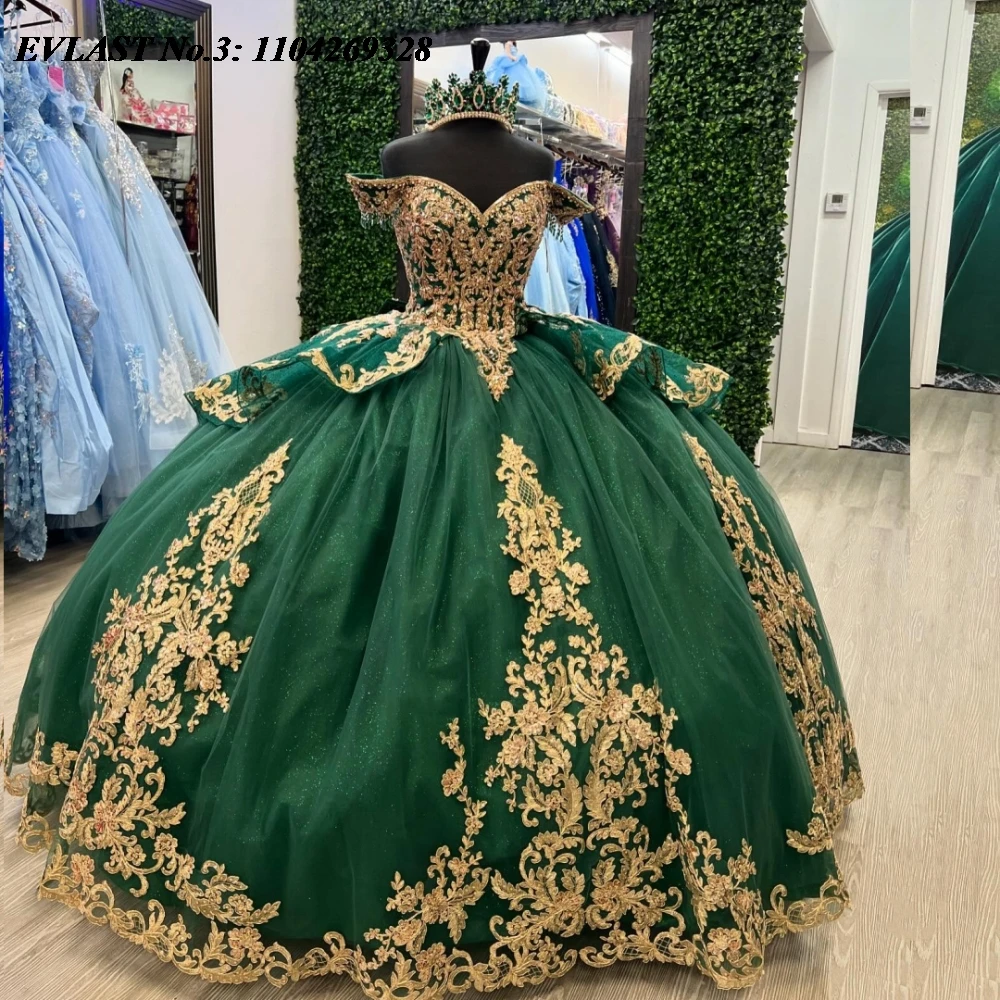 EVLAST Customized Dark Green Quinceanera Dress Ball Gown Gold Lace Applique Beading Corset Sweet 16 Vestido De 15 Anos E3Q413