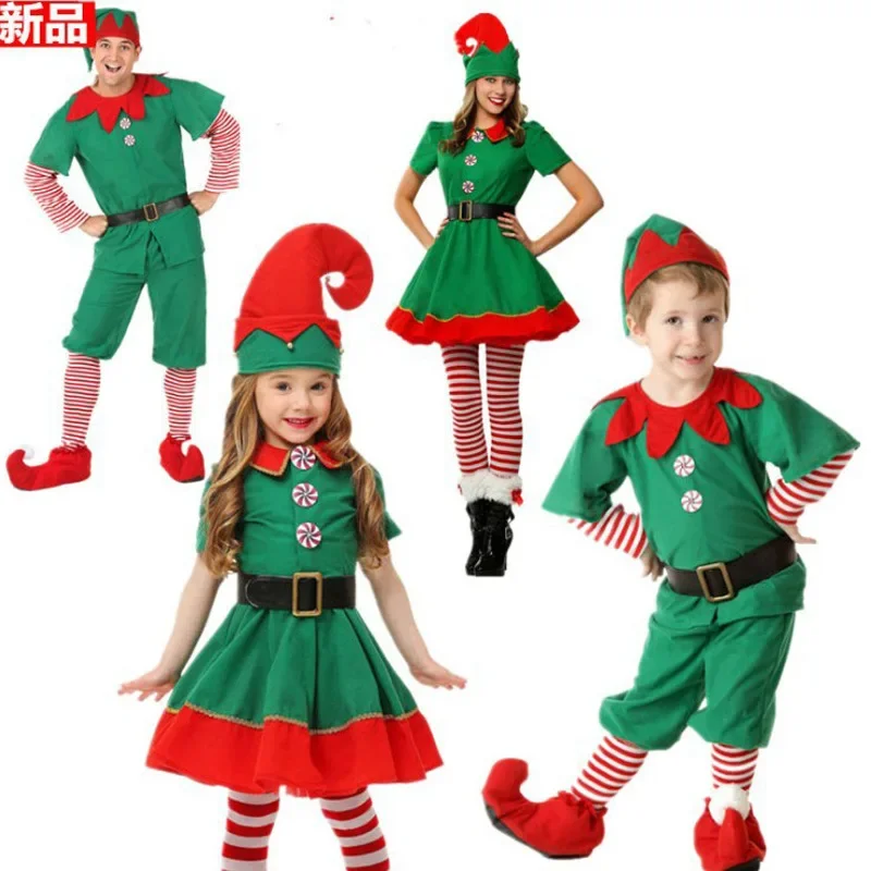 Disfraz de Papá Noel de Navidad, disfraz de elfo verde, fiesta de carnaval familiar, vestido elegante de Año Nuevo, conjunto de ropa para niñas y niños