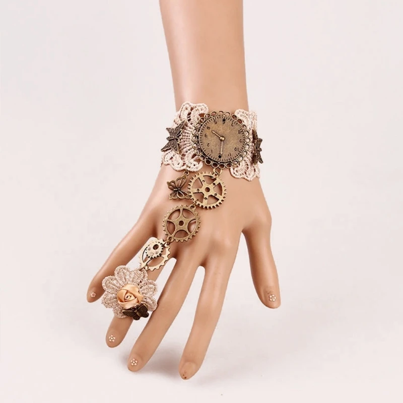 50JB Goth Gear Clock Decor Bracelet Rings Medieval Fingerless Wrist Guard for Woman