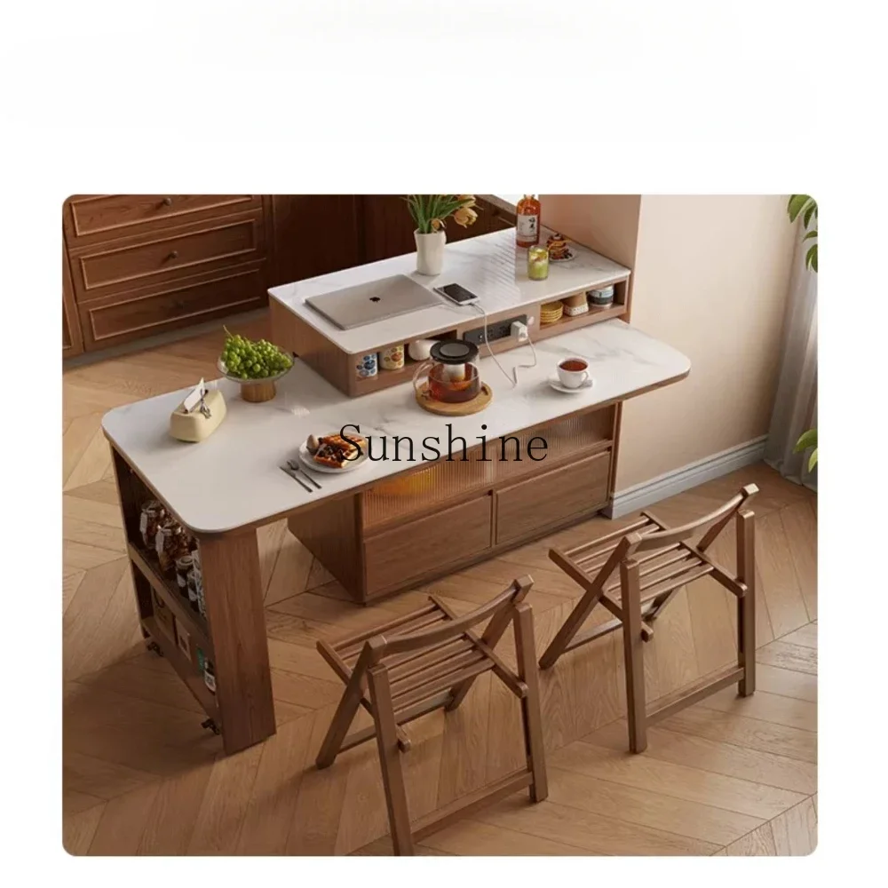 Island table integrated household retractable kitchen, rock slab rotating multi-functional solid wood dual-purpose guide table