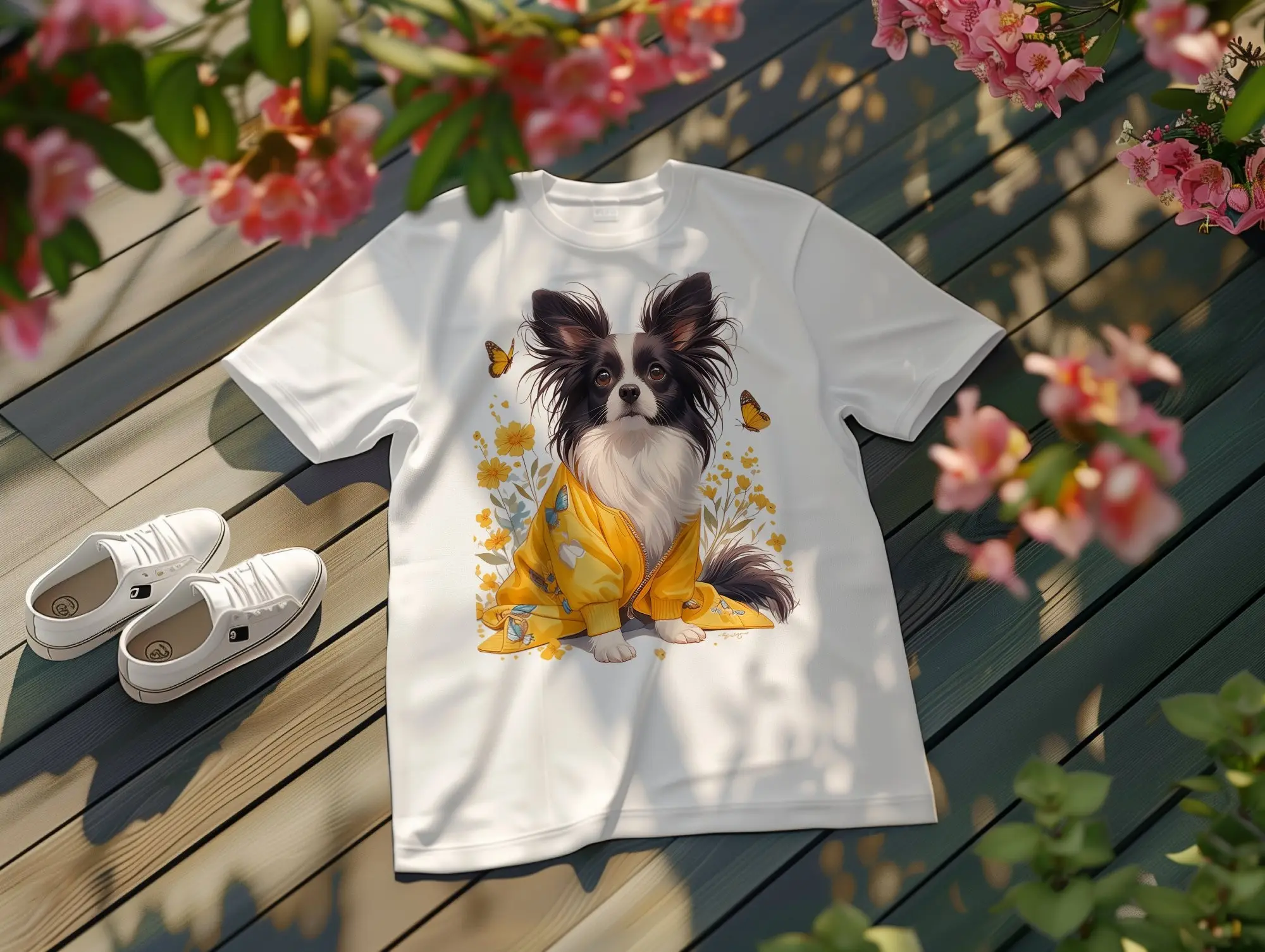 

Papillon Dog with Flowers Butterflies T Shirt Casual Nature Inspired Lover Wear