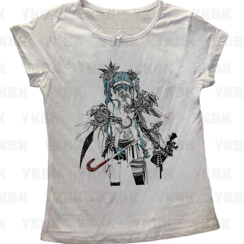 Kawaii الفتيات قصيرة الأكمام طباعة أنيمي تيز Y2k نمط بلوزات على الموضة الشارع الشهير النساء Harajuku ريترو 90s ايمو عادية الشرير الطفل