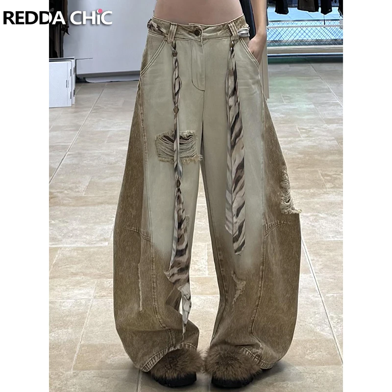 

ReddaChic Ombre Distressed Boyfriend Jeans Vintage Washed Pintuck Carrot fit Ripped Holes Low Rise Denim Pants Women Streetwear
