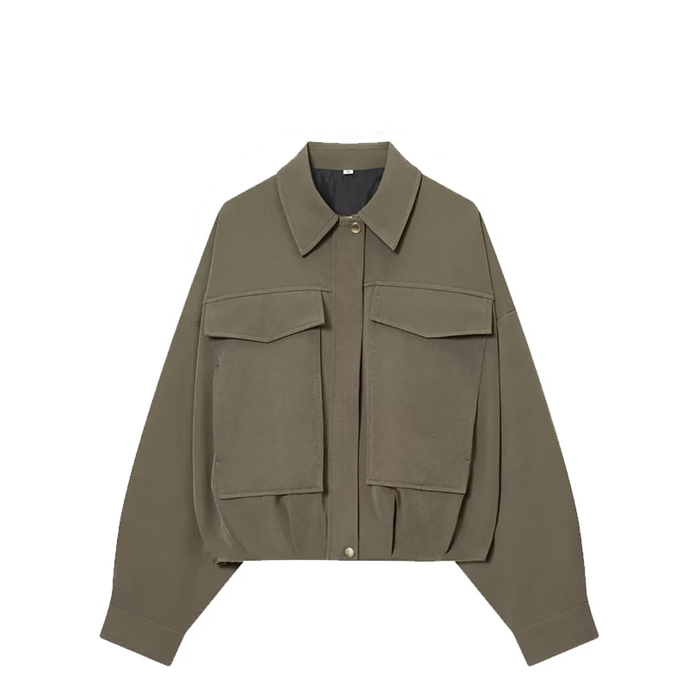 

Dark Khaki Large Pocket Jacket Coat Warm Women Top Gathered Hem Outerwear Casual Style Female Garment Daily Coat
