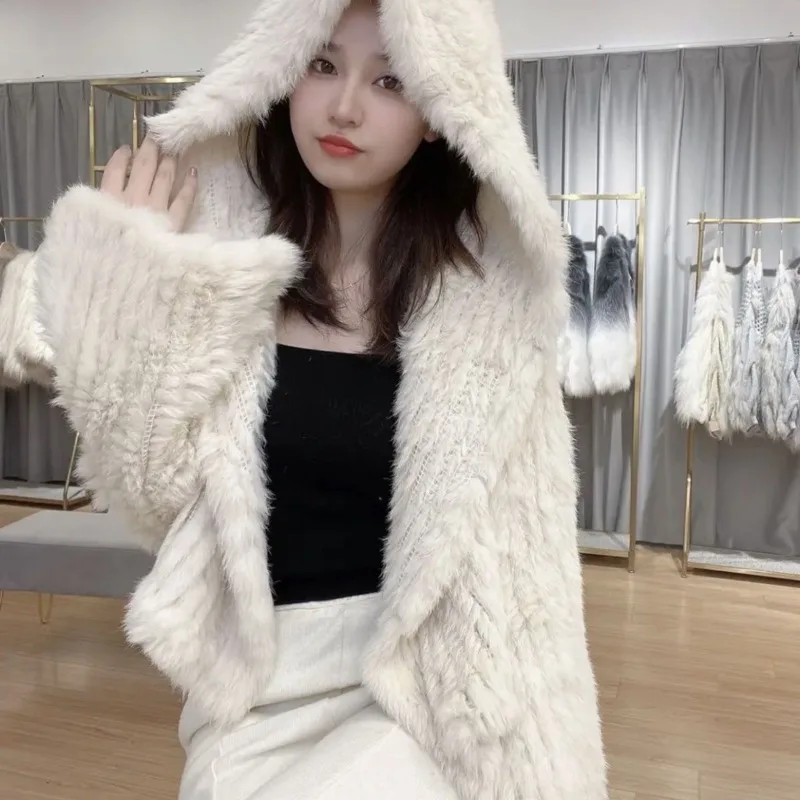 2024 Autumn and Winter New Style Encipher Double Weave Hooded Korean Short Rabbit Fur Coat Young Lady Fur Coat Women Real Fur