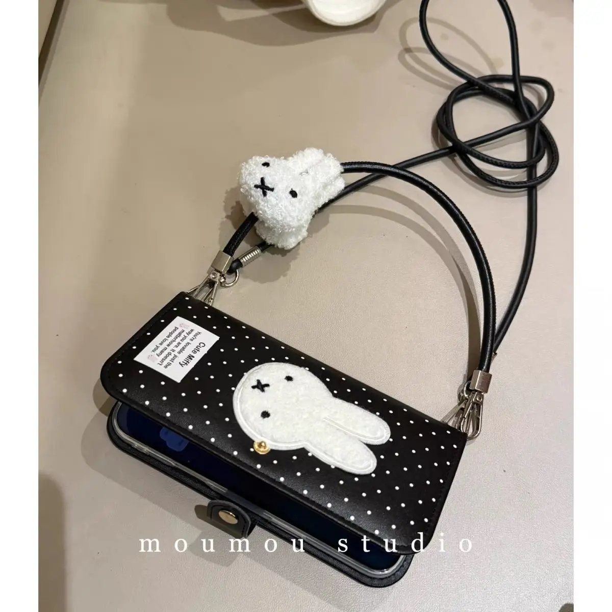 Cute Black Polka Dot Lovely Kawaii Miffy Flip Card Holder Phone Case Anti-drop Cover Compatible for IPhone 17 Pro Max 16 15 2026