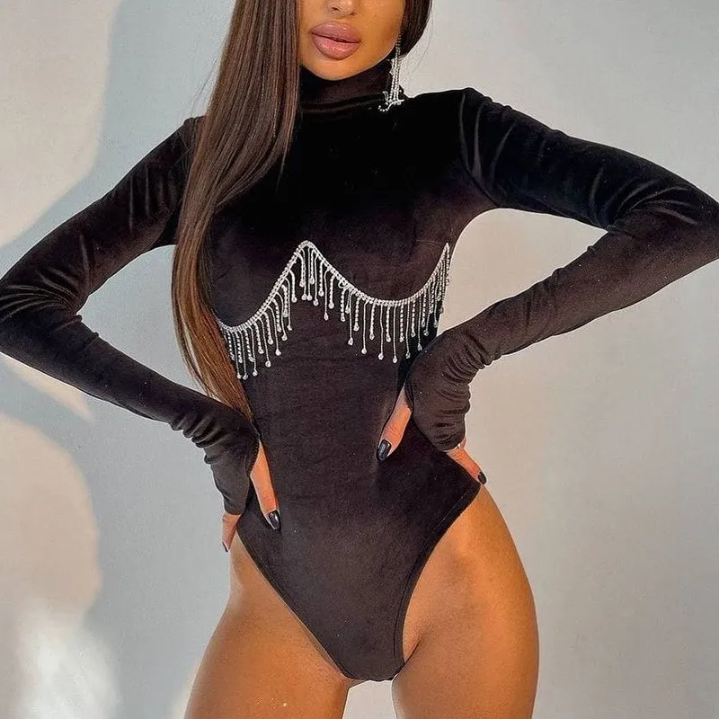 

Autumn Winter High Collar Long Sve Chain Print Bodysuit Women's Slim Fit Faionable Color T-irt Street Sle