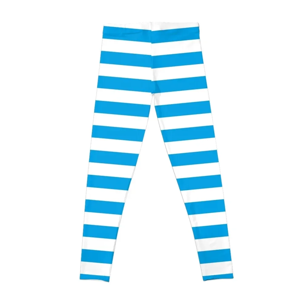 Turquoise Blue and White Stripes | Stripe Patterns | Striped Patterns | Wide Stripes Horizontal Stripes Leggings