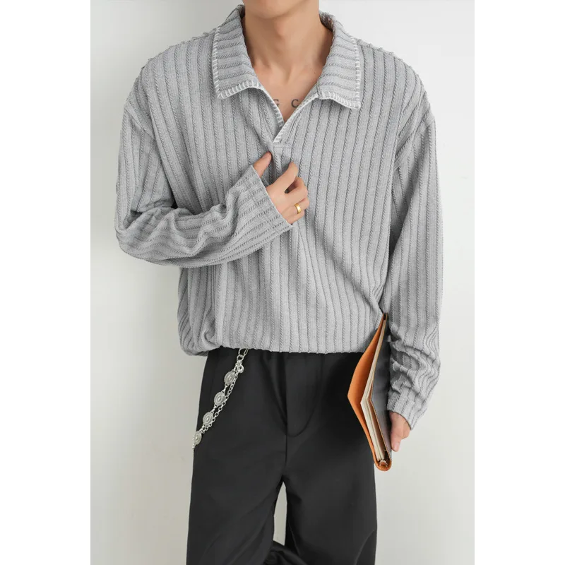 Light Gray Lapel Striped T-shirt Men's American Retro Long-sleeved Sweater