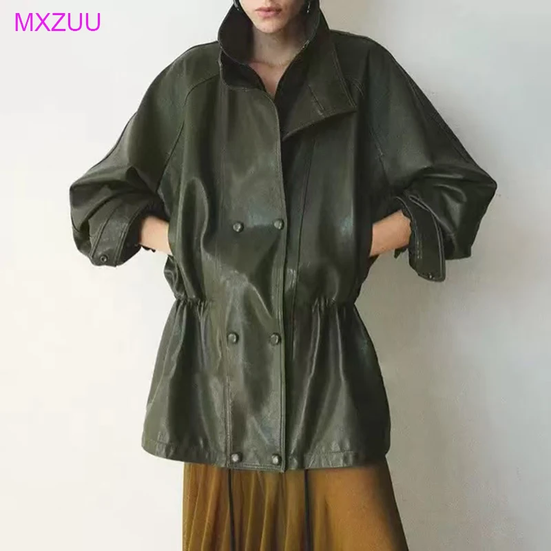 

Женская кожаная куртка из высококачественной овчины растительного дубления, на молнии, двубортная, с завязками, повседневная уличная одежда, короткий плащ