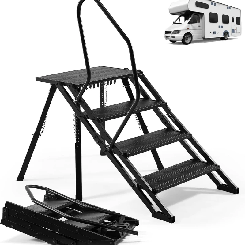 

Foldable steps, aluminum portable 4-step camper steps, with handrails, adjustable height