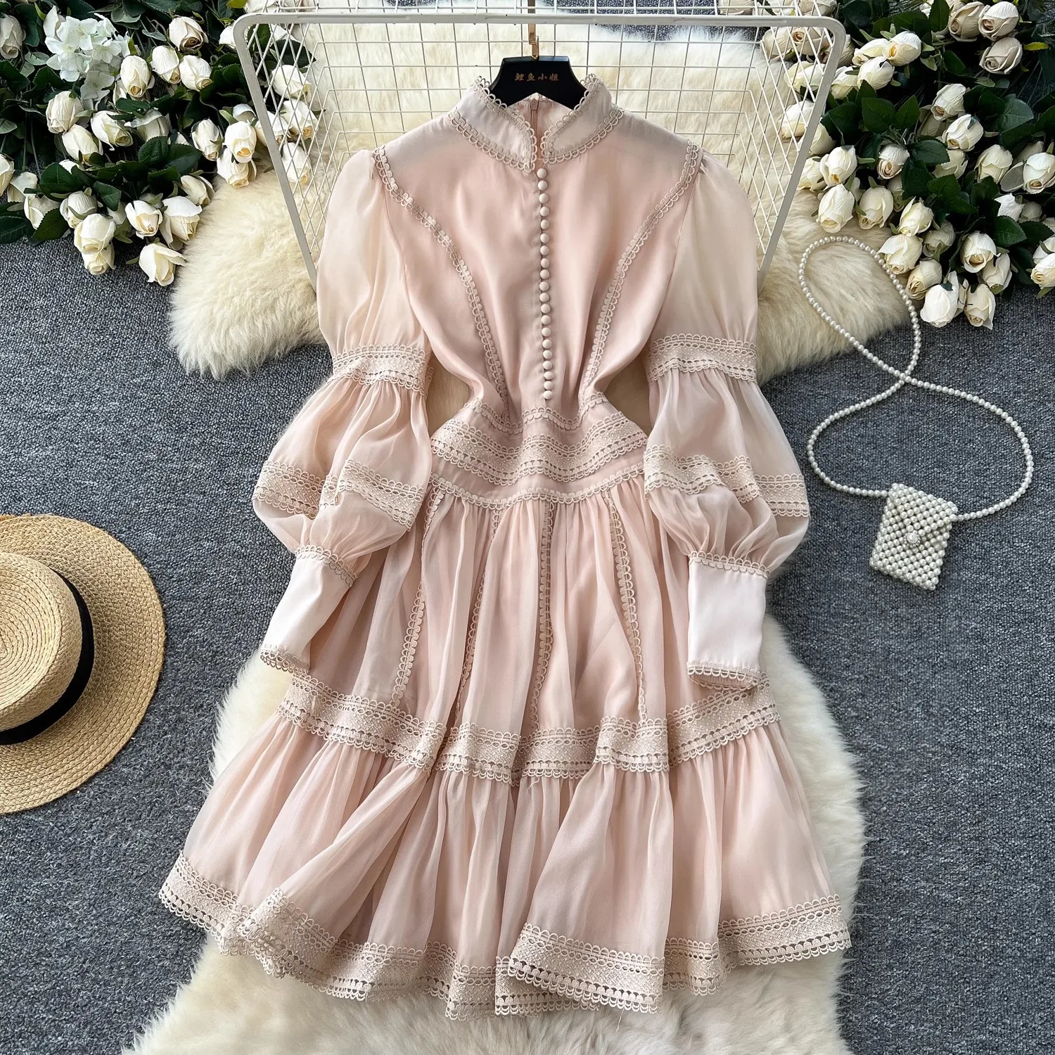 Autumn Elegant Hollow Out Embroidery Lace Splice Mini Dress Women's Stand Lantern Sleeve Buttons Evening Party Robe Vestidos