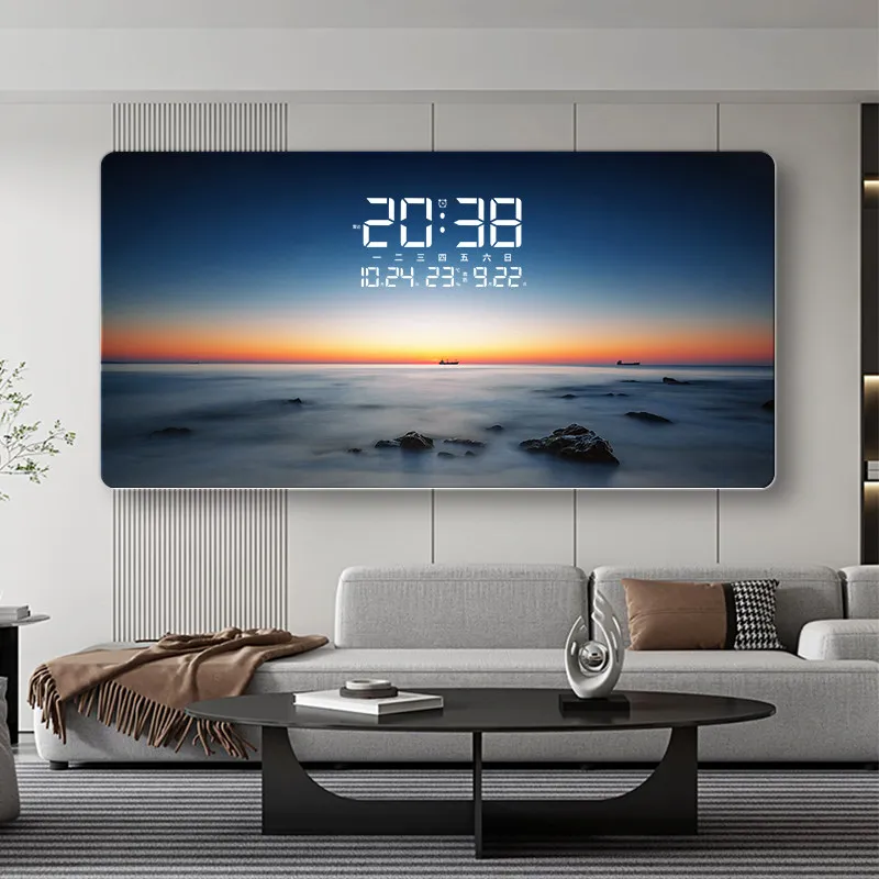 #Sea Beach Entrance Decorative Painting Electronic Clock Light Living Room Clock Sofa Background Wall Painting Wall Clock Light