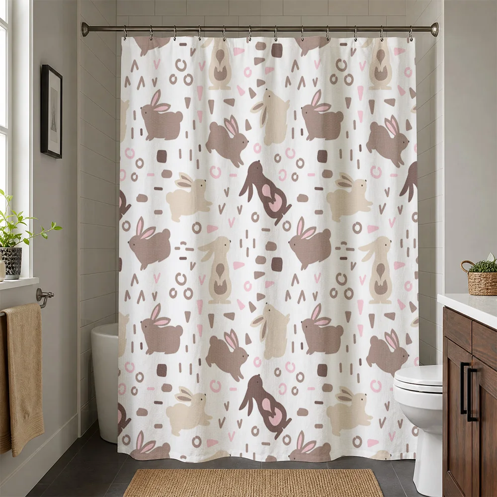 Waterproof Bunny Pattern Shower Curtain for Kids Bathroom Decor Cute Neutral Beige Rabbit Print Shower Liner Curtain for Modern