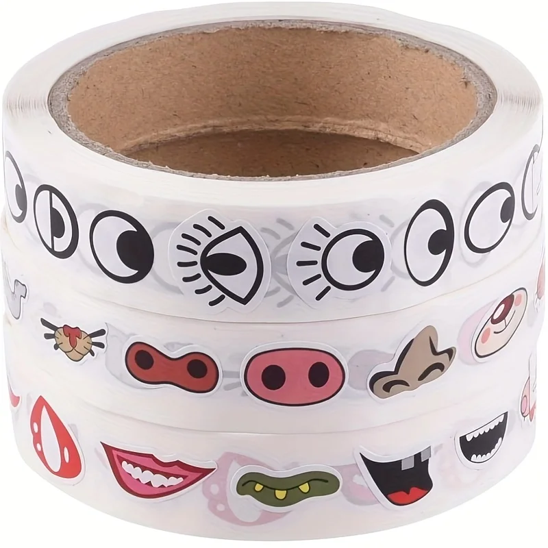 

3 Rolls (3000pcs) Cute Face Stickers - Self-Adhesive Facial Features (Eyes, Nose, Mouth) With Matte Finish - No Residue Removal