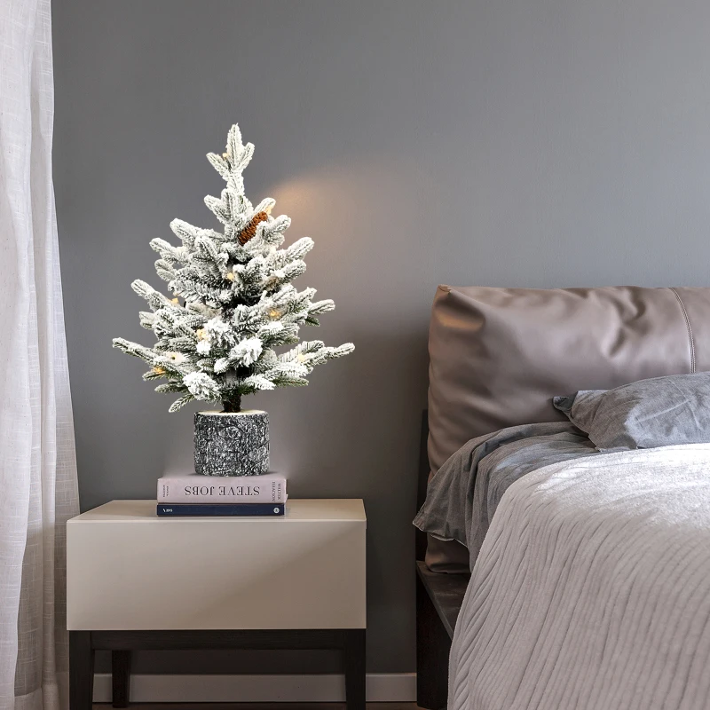 Árbol de Navidad flocado de 4,5 pies con base en maceta, 150 luces LED blancas cálidas, 720 puntas, ramas de PE+PVC con 19 conos de pino – Prel pequeño