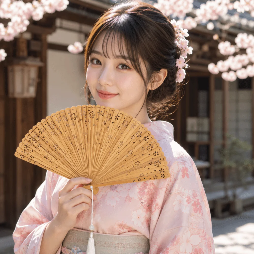 Lightweight Sakura Folding Bamboo Fan Solid Color Portable Tassel Folding Fan Retro Exquisite Kimono Fan Cheongsam Show