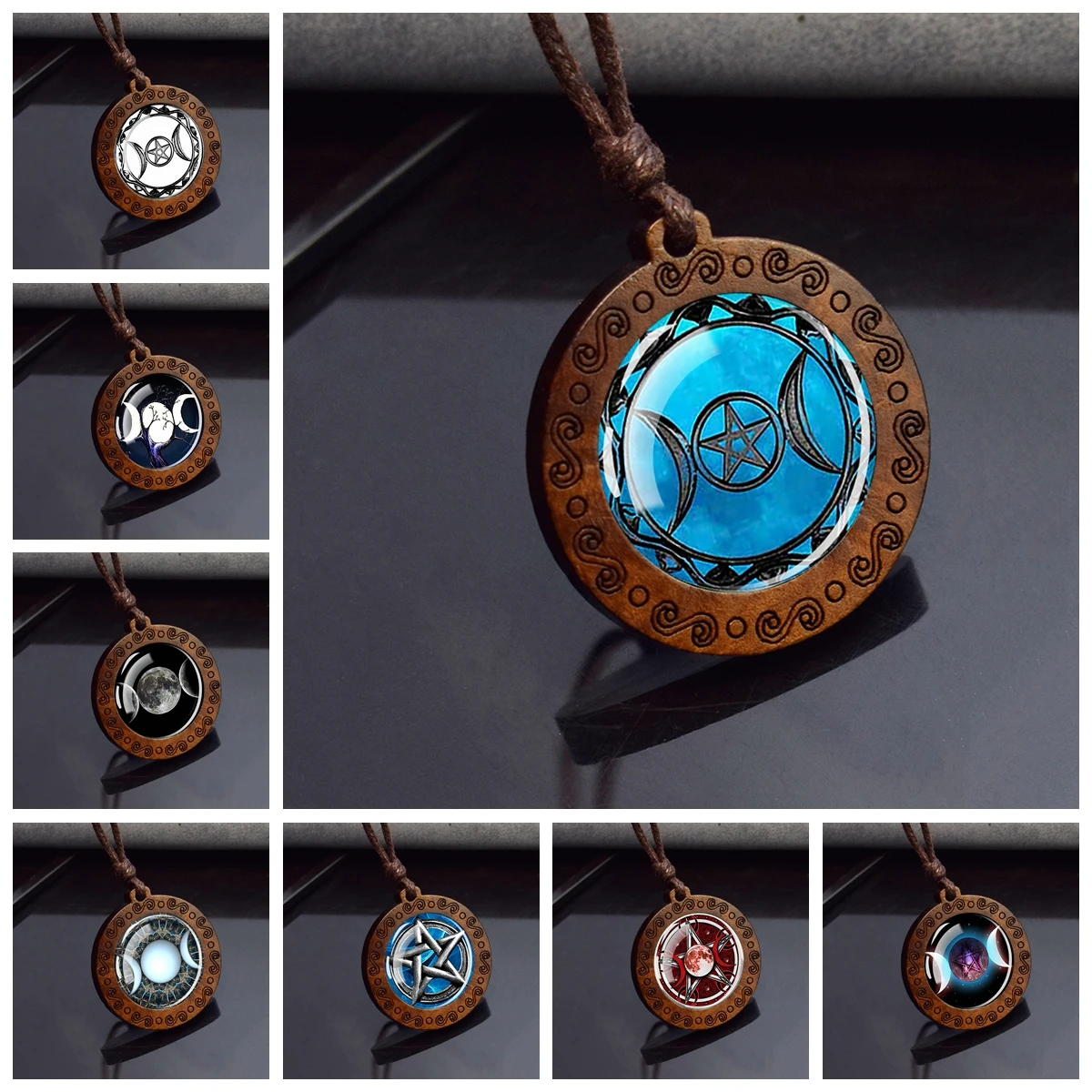 Triple Moon Goddess Glass Necklace Wood Pendant Wiccan Pentagram Necklace Vintage Magic Sign Jewelry Dropshipping