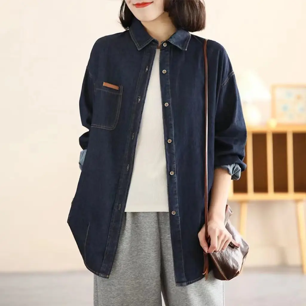 Spring Fashion Women Denim Blouse Basic Single Breasted Jean Shirts Pocket Long Sleeves Thin Blusas Mujer Lapel Cowboy Tops D283