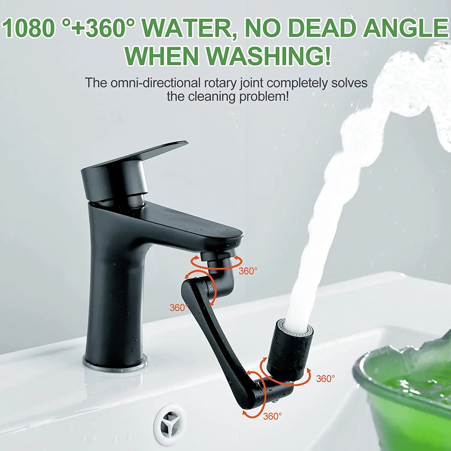 2 Modes 1440 Degree Rotatable Extension Faucet Sprayer Head Universal Bathroom Tap Extend Adapter Aerator Faucet Extender Black