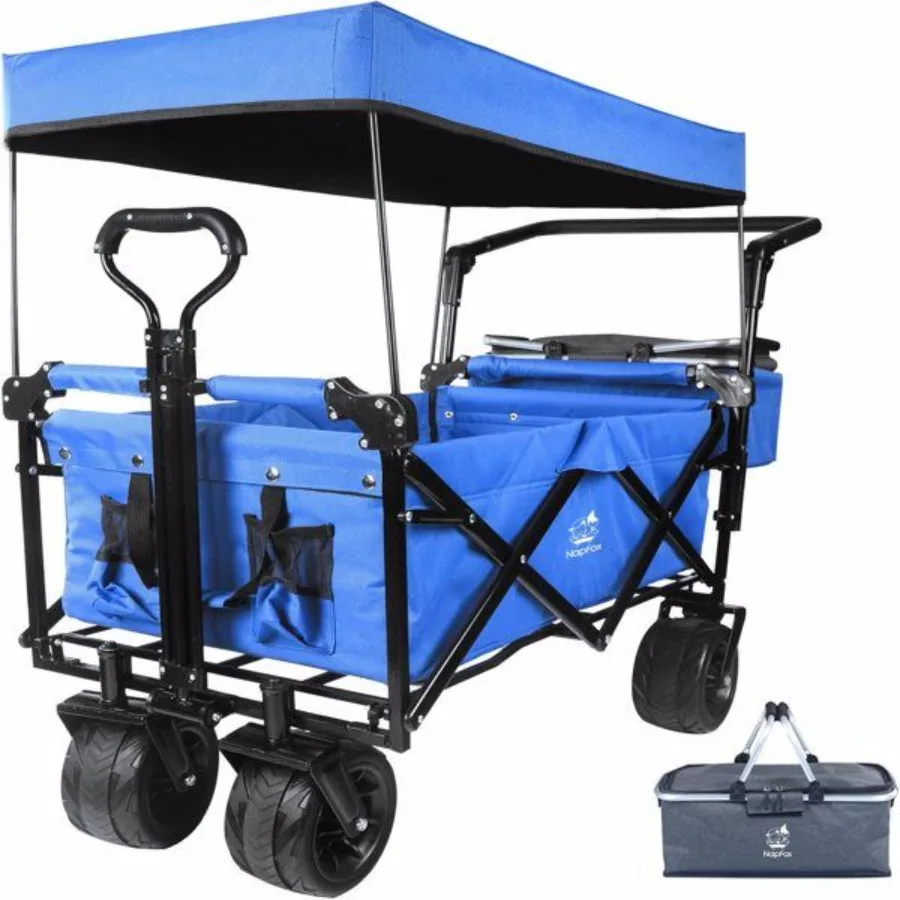 

Collapsible Wagon cart with Removable Canopy Large All Terrain Wheels Brake Adjustable Handles Cooler Bag Blue