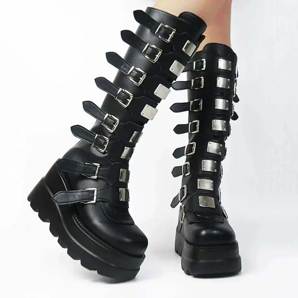 Długie buty damskie Gothic Shoes Platform Knee High Boots Punk Black Sexy Motorcycles Boots 2024 New Halloween Cosplay Women Boots