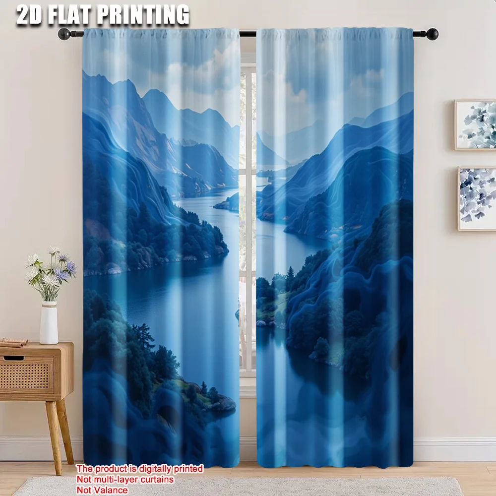 

2pcs, 2D flat printing Curtains blue gold Fabric,Without Electricity Versatile for Holiday Parties, Home Decor & Studio Props