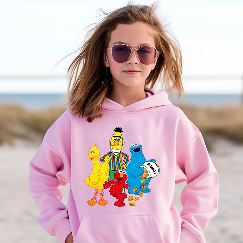 Sesame Street printed kids hoodie autumn and winter plus velvet sweater pink sports top for girls