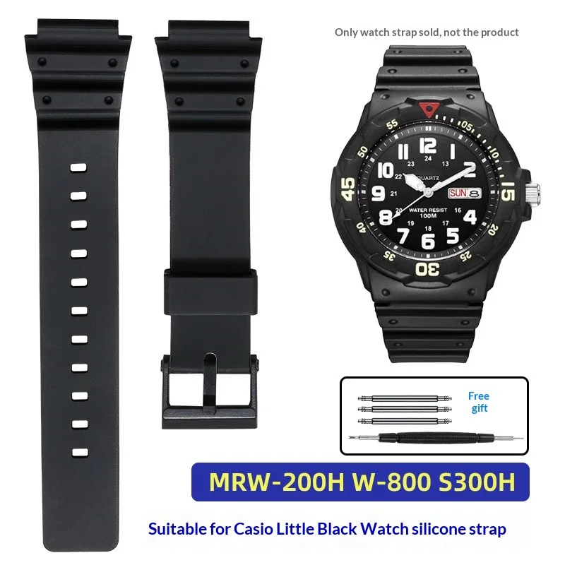 24x18mm Curved Lug Silicone Watch Band Replacement Compatible with Casio MRW-200H S300H W-800 Men's Black Watch Strap