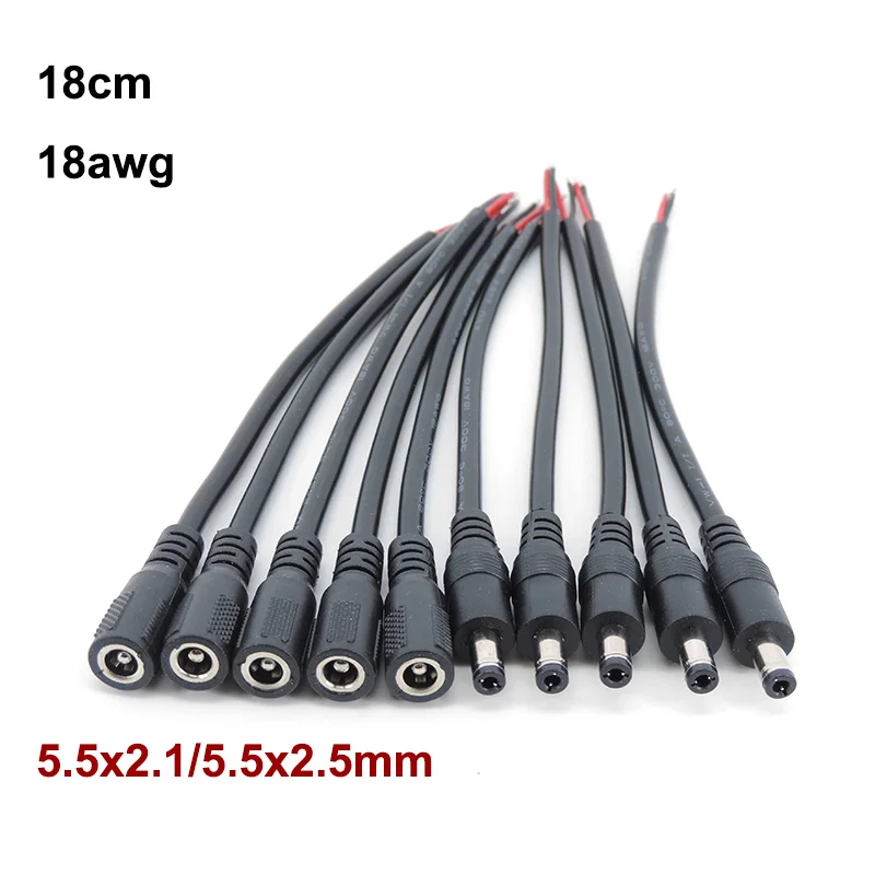 18cm 18awg 7A DC Male Female Power Supply Connector Cable 5.5x2.1mm 5.5x2.5mm Copper cord For LED Strip light Camera 2.1mm 2.5mm