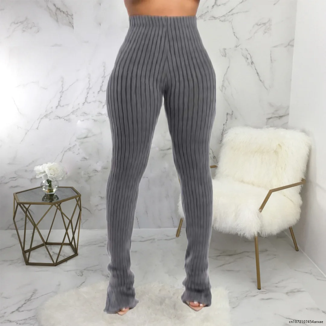 

Autumn Winter Knitted Side Slit Pants Capris Women Fashion Solid High Waist Long Trousers Elastic Bell Bottom Sweatpants