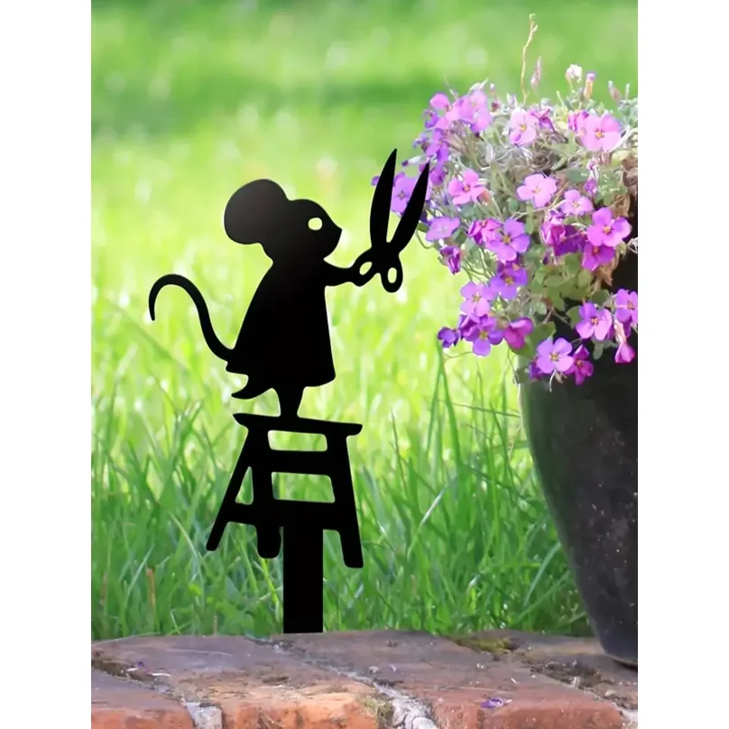 1pc silhouette metal garden post with scissors mouse design, art deco lawn sign, creative animal sculpture decorations