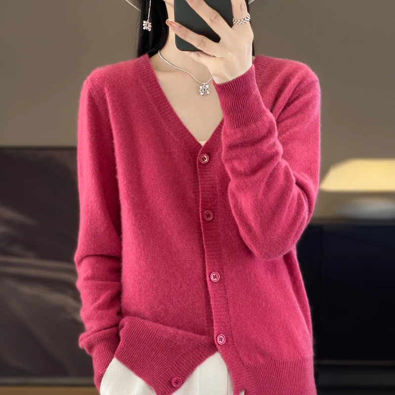 2024 New Spring and Autumn New V-neck Cashmere Cardigan Women Fashion Basic Loose Top Knitted Long Sleeve Female Cardigan