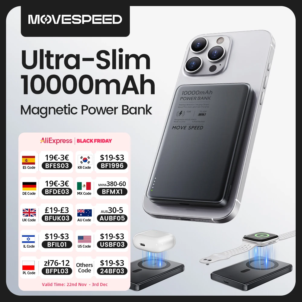 MOVESPEED S10 Slim Magnetic Power Bank 10000mAh PD20W Portable Charger Wireless External Battery for iPhone 16 Samsung Powerbank